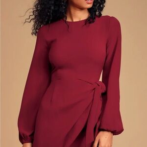 Lulu's Red Sheath Dress with Bishop Sleeves and Crew Neck